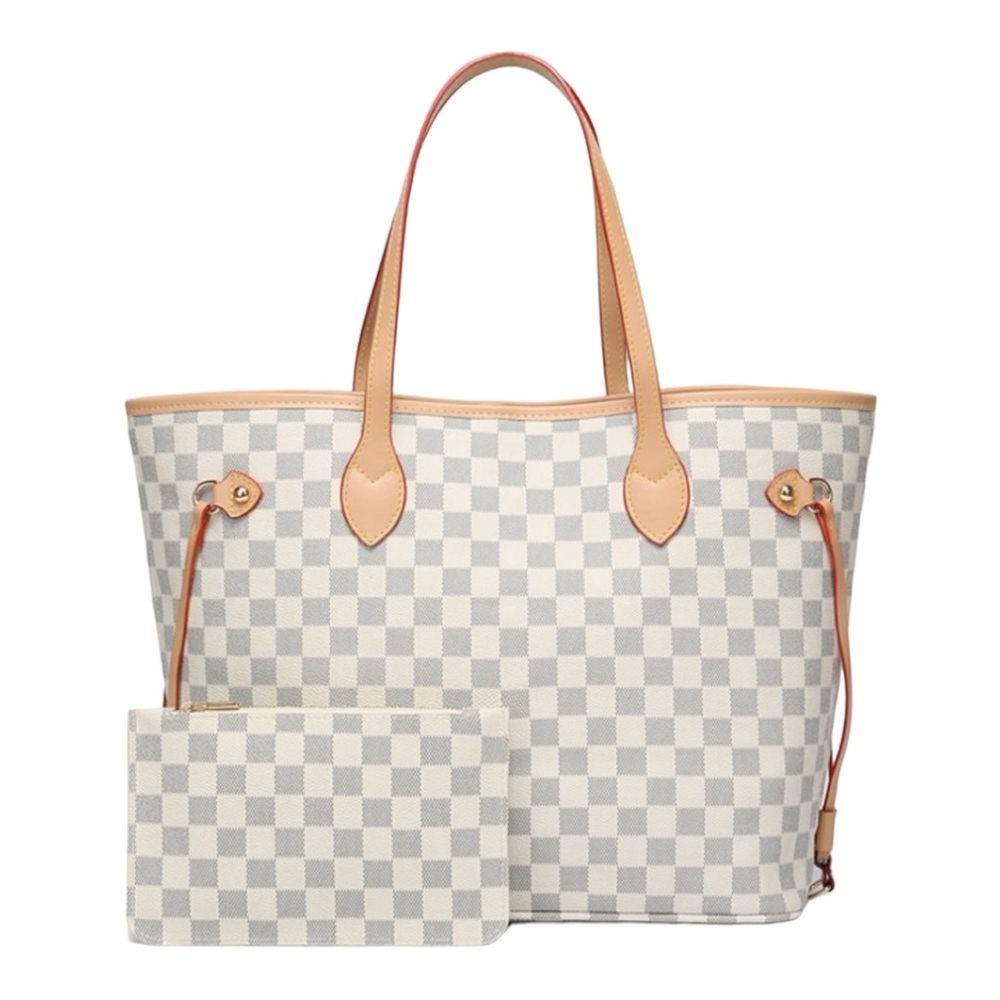 White and Blue Checkered Full Size Tote Purse